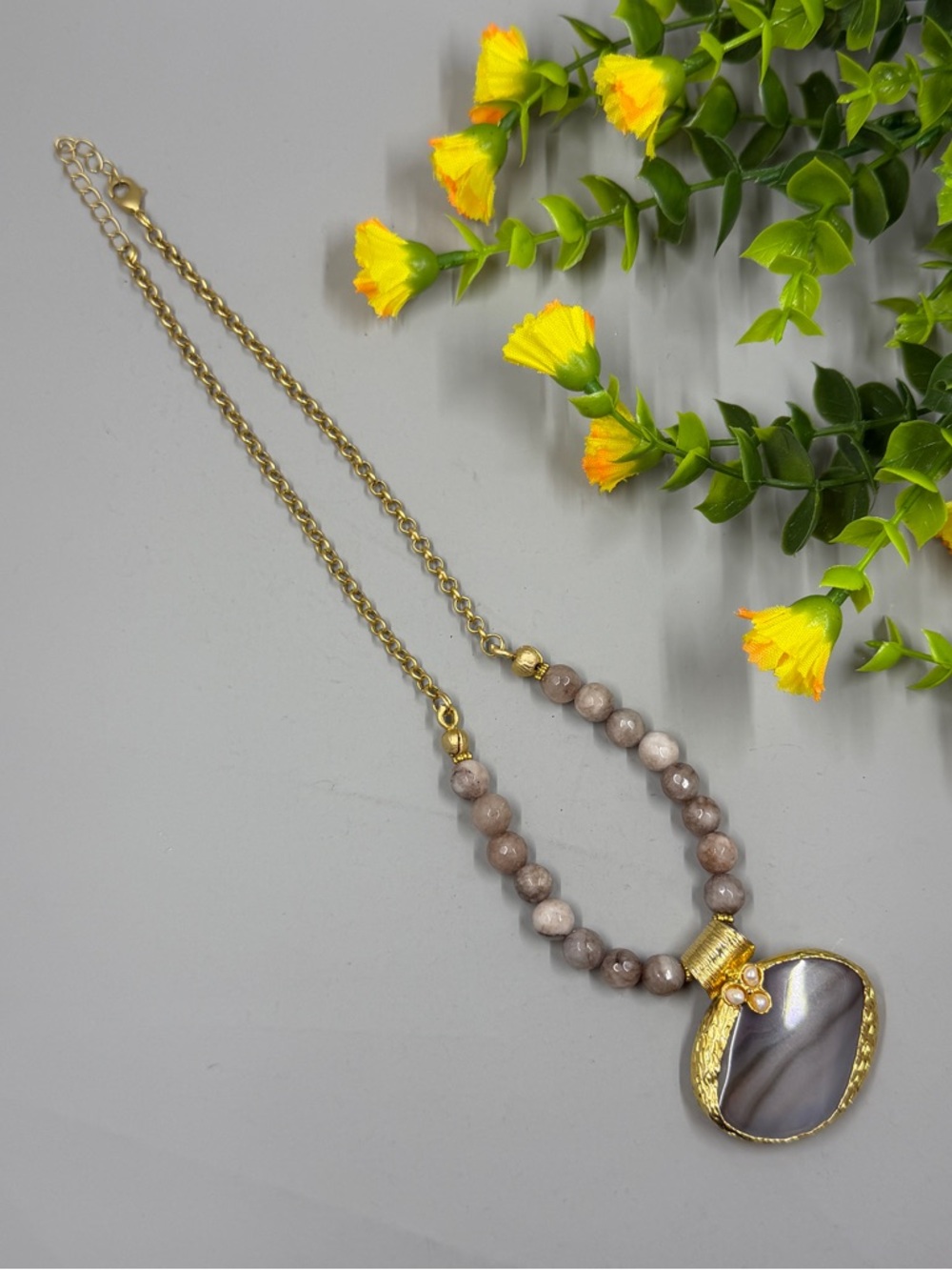 Gold Plated Grey Agate Pendant Stone Beaded Necklace with Pearl Accents